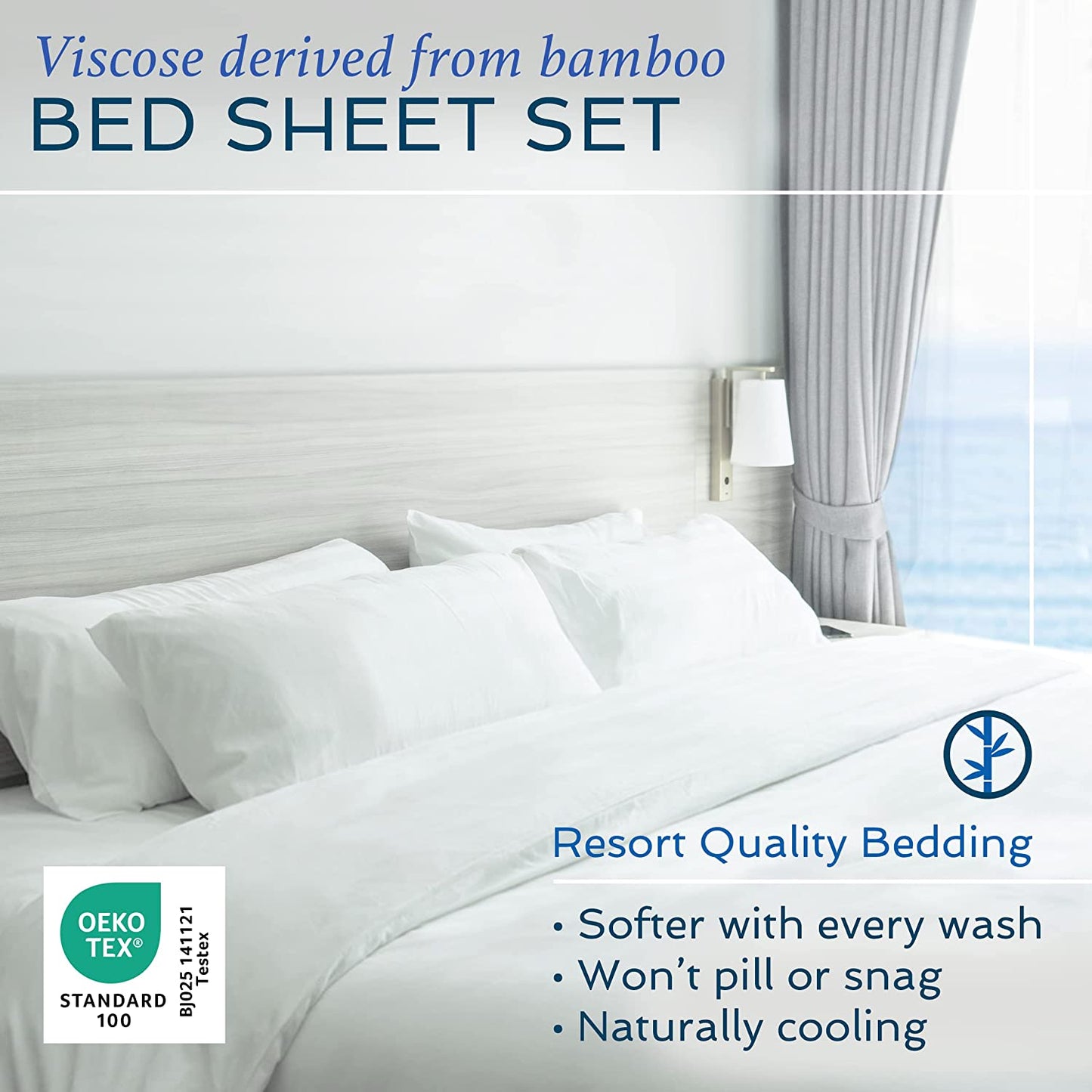 4 piece bed sheet set queen, 100% viscose derived from bamboo sheets set with 2 pillowcases, cooling & breathable luxury bedding, moisture-wicking & silky soft texture, navy blue